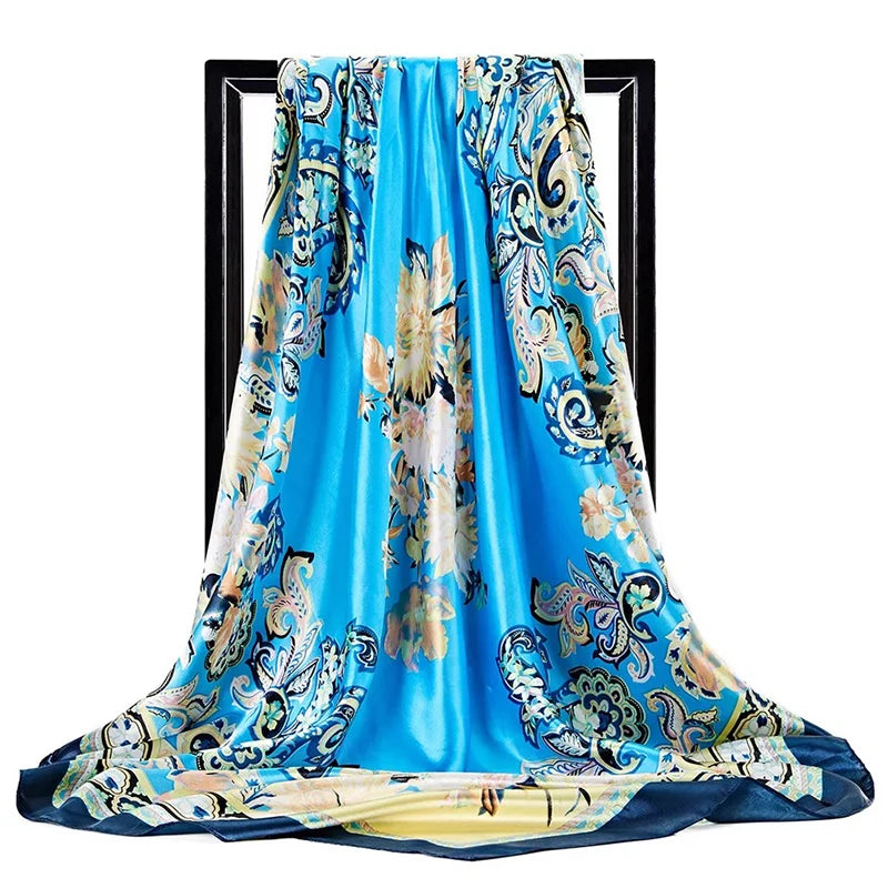 Lenço Quadrado Feminino 90x90cm – Cetim Toque de Seda, Estampado Fashion, Echarpe/Scarf/ Bandana de Luxo