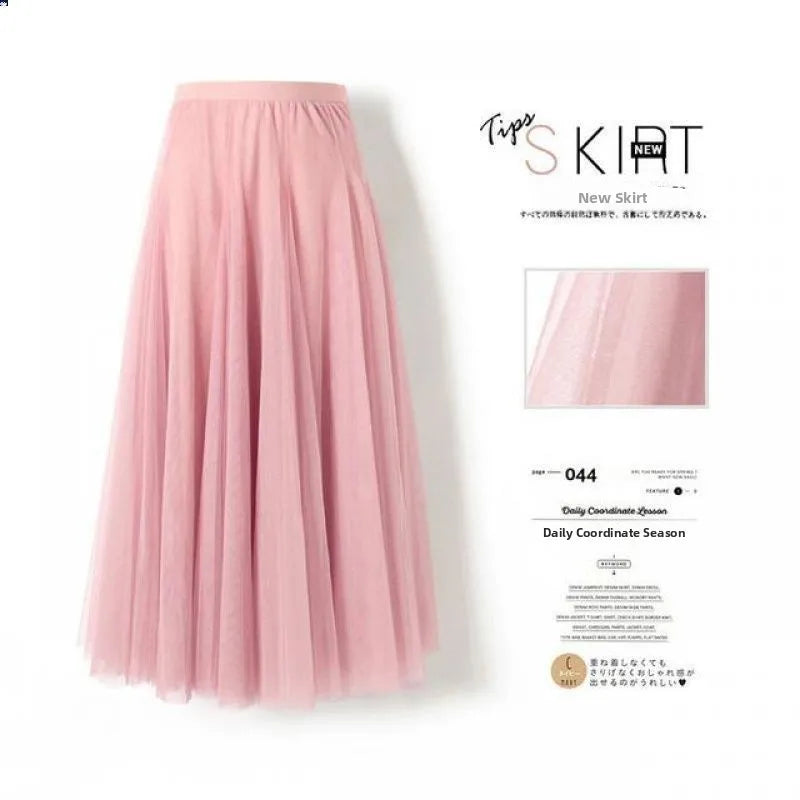 Saia Midi A-Line de Cintura Alta para Mulheres – Saia Rodada em Tule, Casual e Versátil