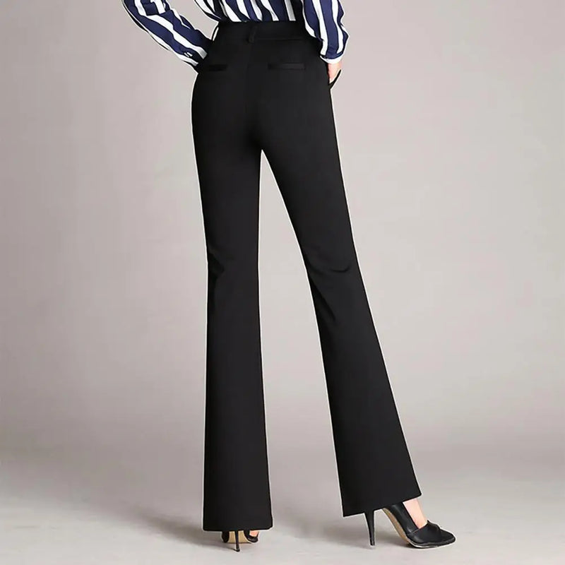Calça Feminina Flare – Cintura Alta, Cores Sólidas, Elástica, Formal, Longa, Estilo Office Lady