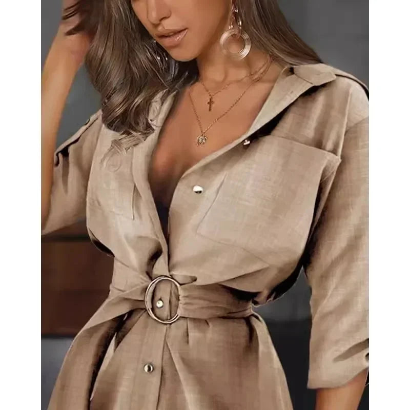 Vestido Camisa/Cardigan Feminino – Manga Dobrada, Amarração, Cor Lisa, Estilo Europeu e Americano