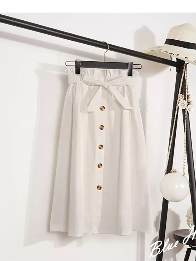 Saia Midi Feminina – Cintura Alta, Botões e Plissada Estilo Coreano