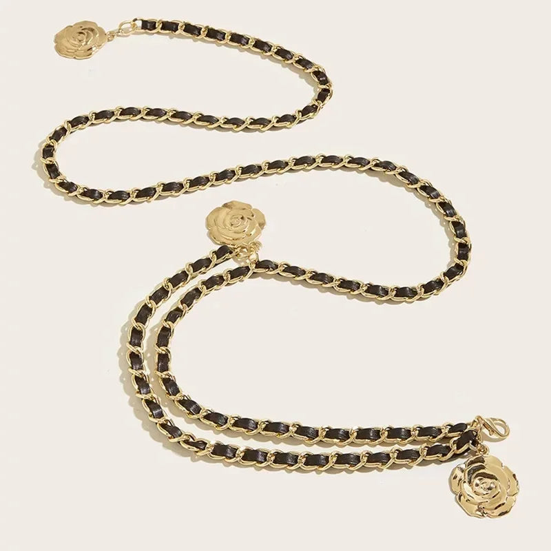 Cinto Corrente Feminino com Pingente de Flor – Acessório de Cintura Elegante para Vestidos e Camisas