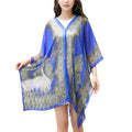 Lenço/chal feminino elegante, estampado com design de caju e detalhes em contas, perfeito como saída de praia ou cobertura leve para viagens
