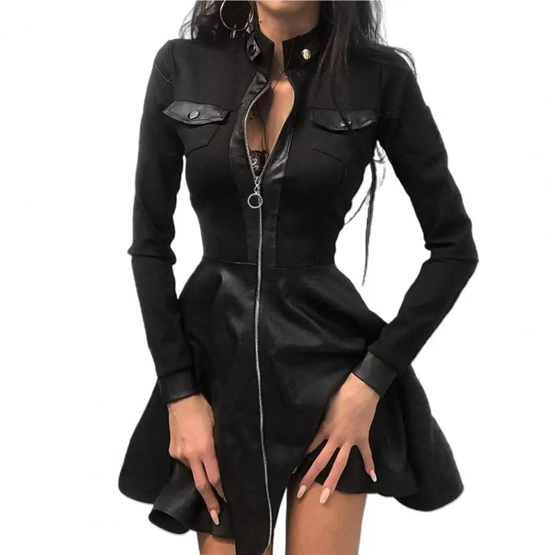 Vestido Mini de Couro Sintético Feminino – 2025, Manga Longa, Detalhe em Renda, Zíper e Bolsos