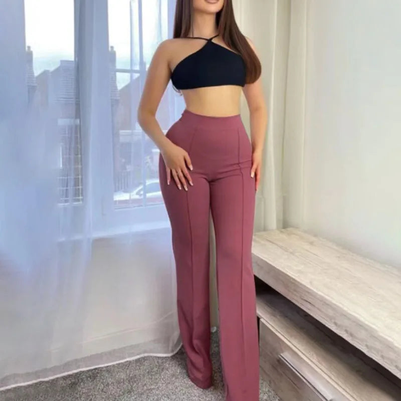 Calça Feminina Casual – Cintura Alta, Pernas Flare, Office Elegante, Longa, Primavera/Verão, Moda Feminina
