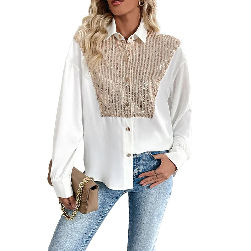 Blusa Feminina com Paetês – Manga Longa e Gola Tradicional