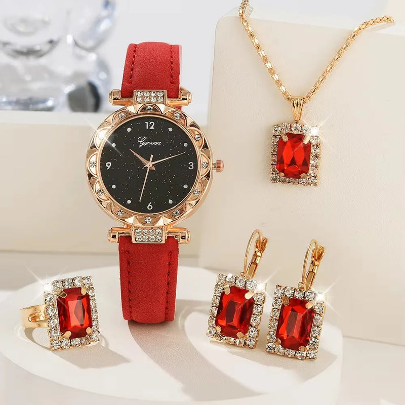 Conjunto de 5 peças femininos sofisticados, com design elegante e detalhes em strass brilhantes. Movimento quartz confiável, ideais para complementar looks do dia a dia ou ocasiões especiais