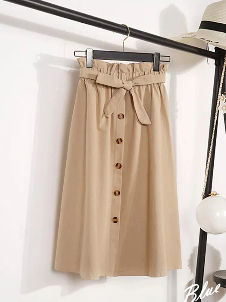 Saia Midi Feminina – Cintura Alta, Botões e Plissada Estilo Coreano