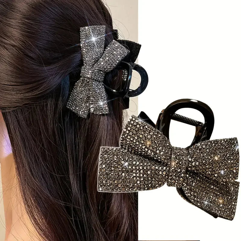 Presilha de Cabelo Feminina Luxo – Laço com Strass, Grande e Brilhante, Shark Clip Elegante