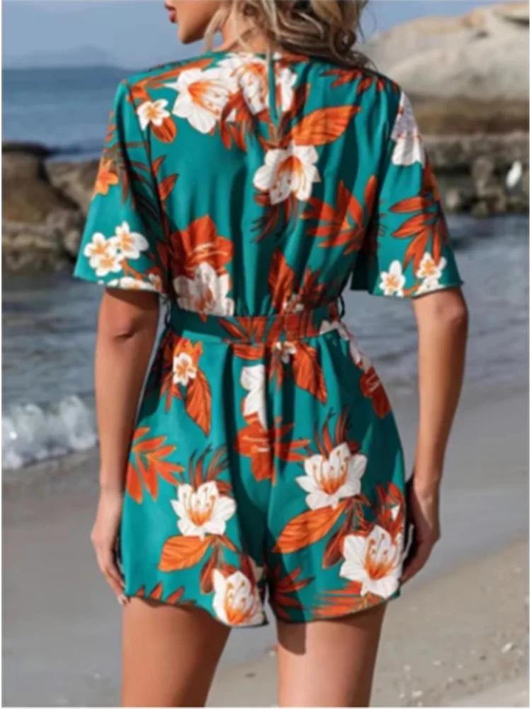 Macacão Feminino Estampado – Decote V, Manga Curta, Cintura Alta, Solto e Confortável para Verão/Praia