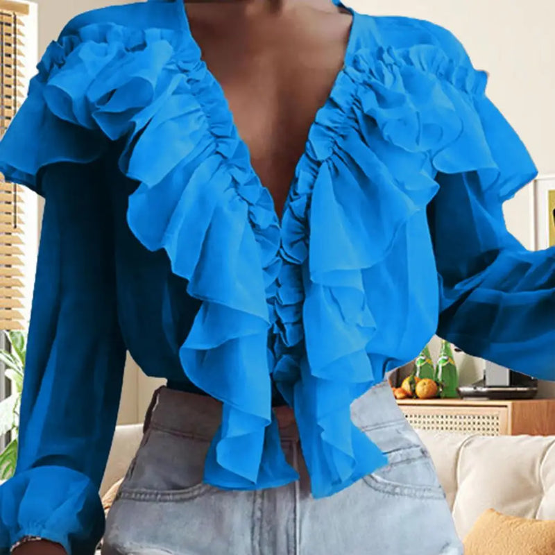 Blusa Feminina 2024 – Gola com Babados Estilo Francês, Manga Longa