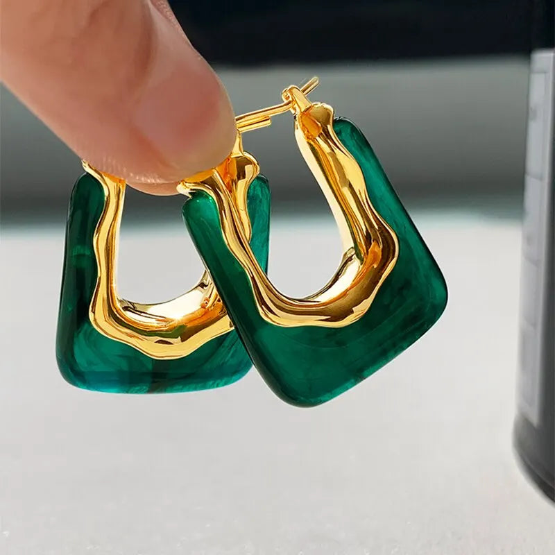 Brincos Femininos em Resina Transparente Verde e Rosa – Design Geométrico Irregular, Modernos para Festa