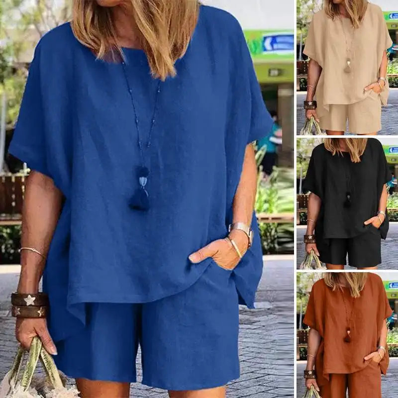 Conjunto Feminino Casual de Verão 2024 – 2 Peças: Blusa de Manga Curta + Shorts de Perna Larga, Camisa e Shorts em Algodão e Linho