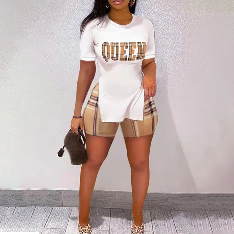Conjunto Feminino Casual de Verão – T-Shirt Slim de Manga Curta + Shorts Estampados, Conjunto 2 Peças com Shorts Estreitos Estilo Leopardo