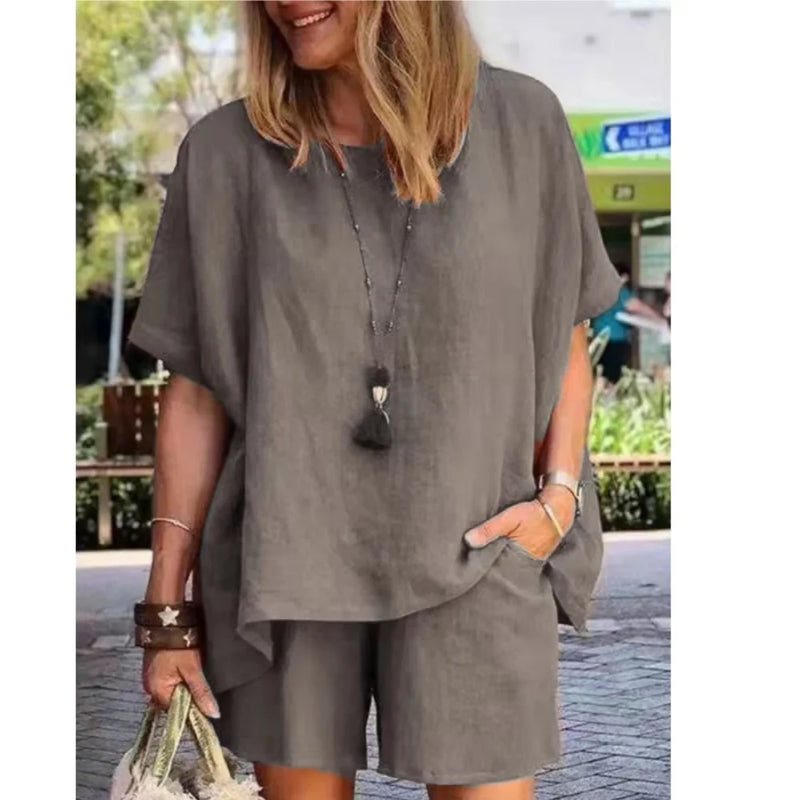 Conjunto Feminino Casual de Verão 2024 – 2 Peças: Blusa de Manga Curta + Shorts de Perna Larga, Camisa e Shorts em Algodão e Linho
