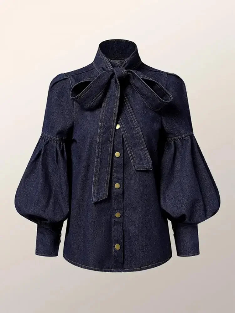 Blusa Feminina Outono Denim Imitation com Laço e Manga Bufante