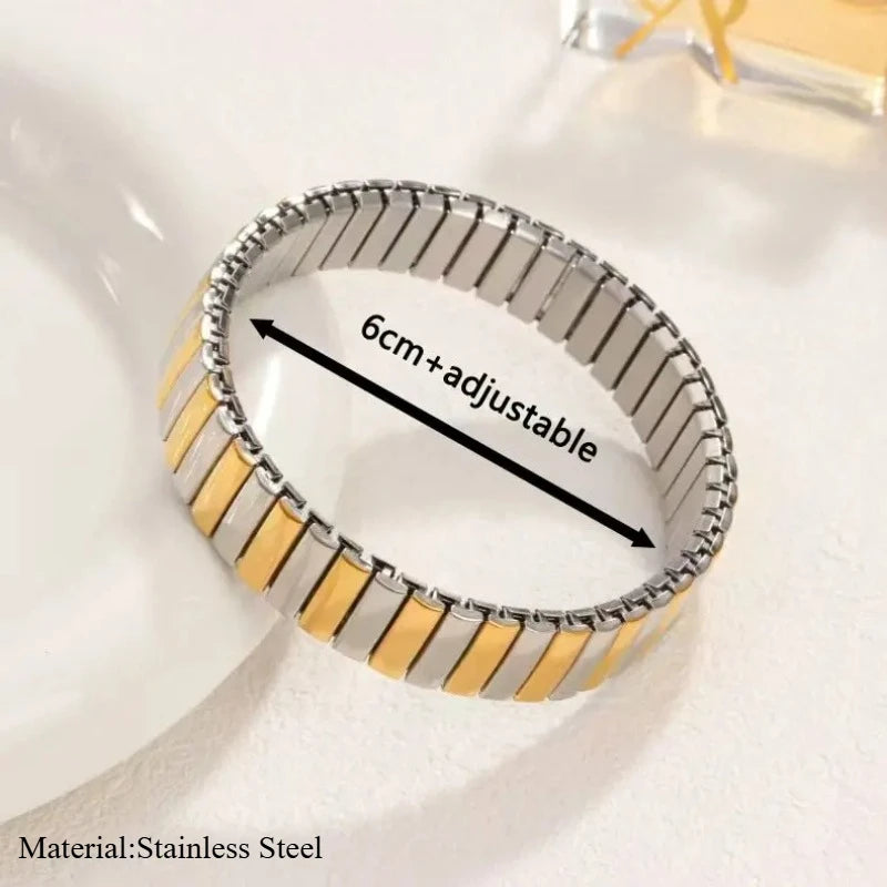 Pulseira Feminina de Aço Titânio com Coração – Design Elástico, Banhada a Ouro