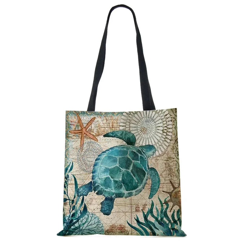 Bolsa Tote de Grande Capacidade – Estampa Tartaruga, Bolsa de Ombro para Viagem, Ecológica, em Linho, com Estampa para Mulheres