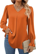 Blusa Feminina de Chiffon – Manga Longa Flare – Decote V – Office Lady Elegante