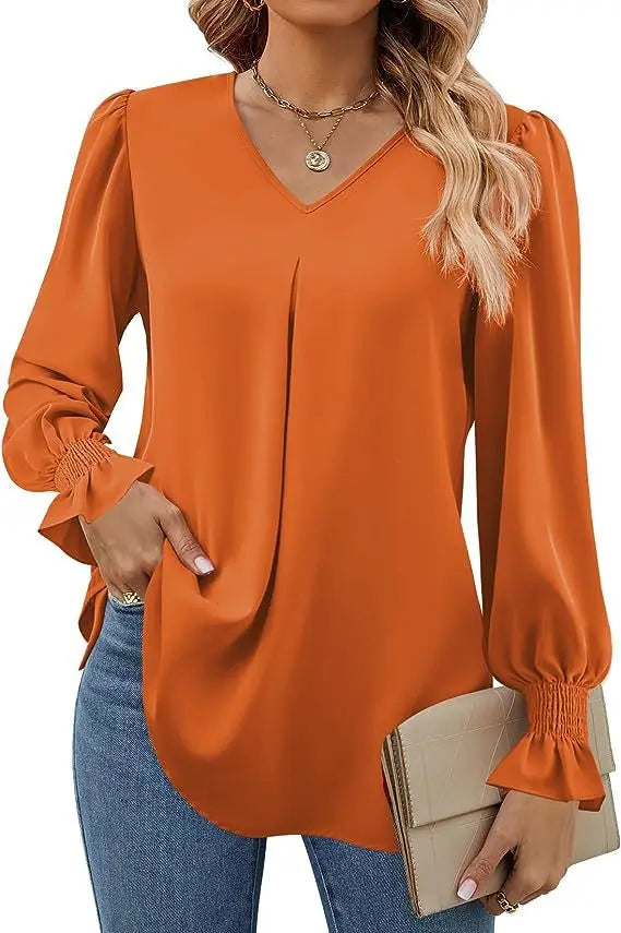 Blusa Feminina de Chiffon – Manga Longa Flare – Decote V – Office Lady Elegante