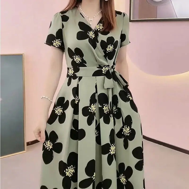 Vestido Feminino – Estampa Floral Fashion, Casual, Decote em V, Pregas na Cintura, Elegante, A-Line, Tipo Bandagem, Verão, Manga Curta, Comprimento Midi.