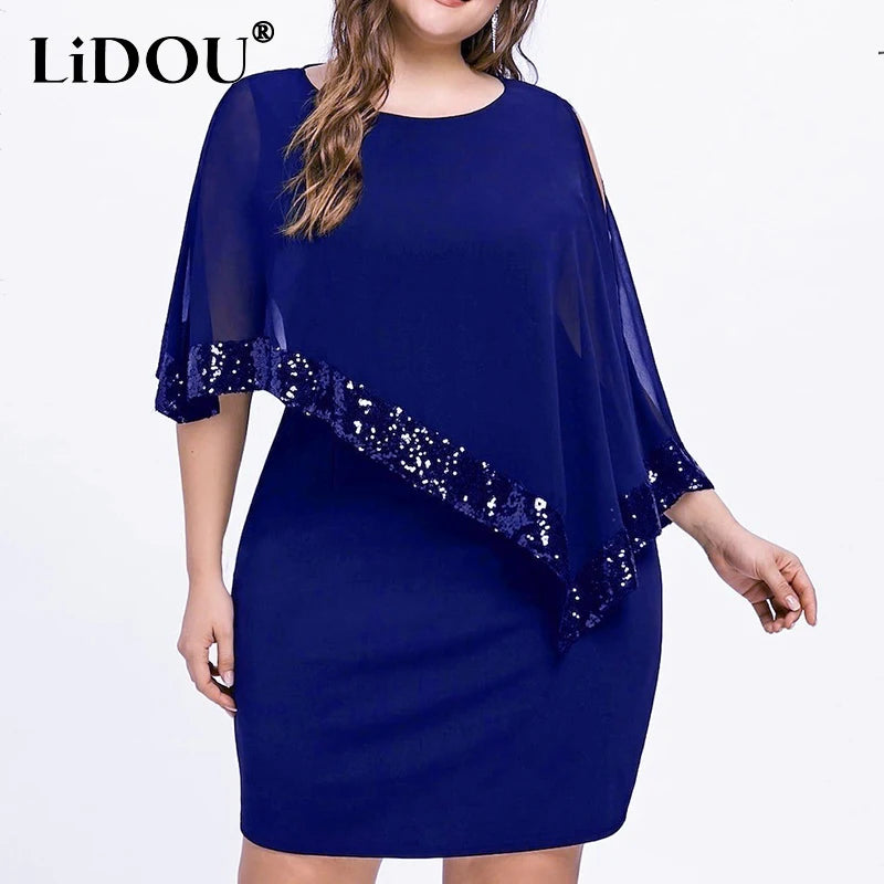 Vestido Feminino Plus Size Outono/Inverno com Ombro Único e Paetês – Estilo Fashion Oversized  Design irregular moderno, perfeito para destacar o corpo  Modelo plus size, confortável e elegante