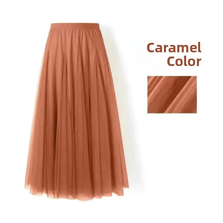 Saia Midi A-Line de Cintura Alta para Mulheres – Saia Rodada em Tule, Casual e Versátil