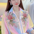 Blusa Feminina Casual 2024 – Chiffon com Bordado 3D de Flores, Paetês e Miçangas – Proteção Solar – Meia Manga