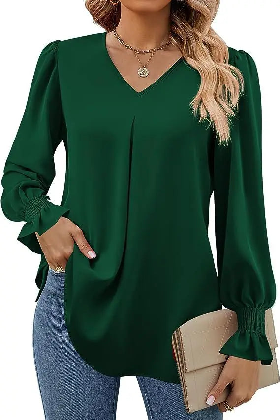 Blusa Feminina de Chiffon – Manga Longa Flare – Decote V – Office Lady Elegante