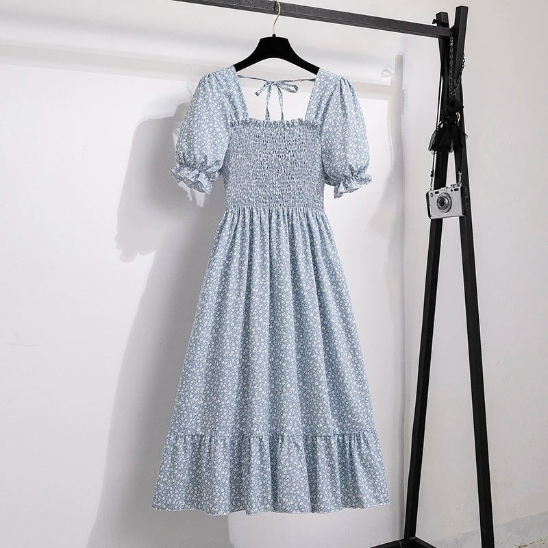 Vestido Feminino Chiffon Primavera Verão – Manga Curta, Cintura Elástica e Saia Plissada