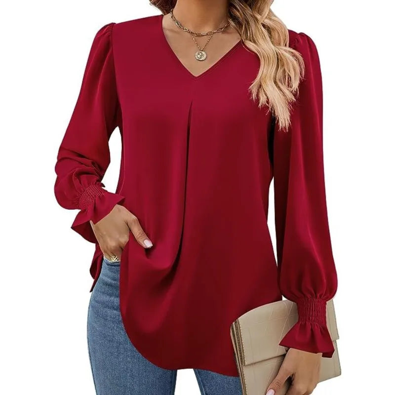 Blusa Feminina de Chiffon – Manga Longa Flare – Decote V – Office Lady Elegante
