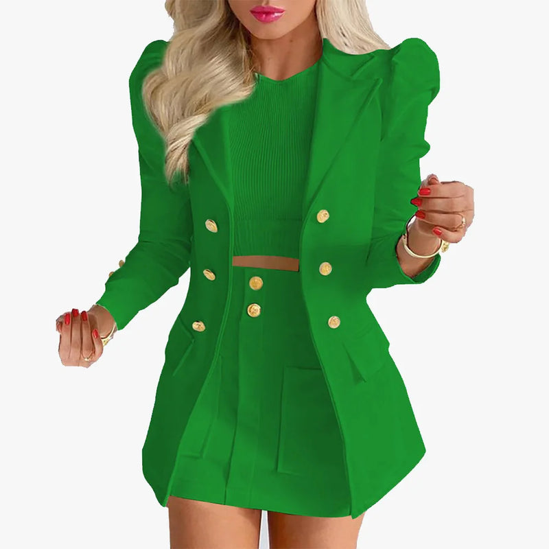 Eleve seu estilo no trabalho ou em eventos casuais com este conjunto feminino elegante de primavera 2026 composto por blazer de manga longa