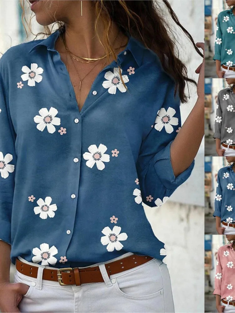 Camisa feminina leve e confortável para primavera e verão, com estampa floral, gola lapela e mangas longas. Modelo slim fit com botões frontais, ideal para looks casuais elegantes, trabalho ou passeios diários.