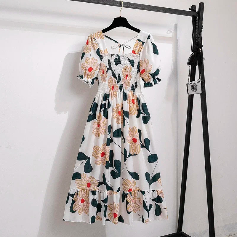 Vestido Feminino Chiffon Primavera Verão – Manga Curta, Cintura Elástica e Saia Plissada