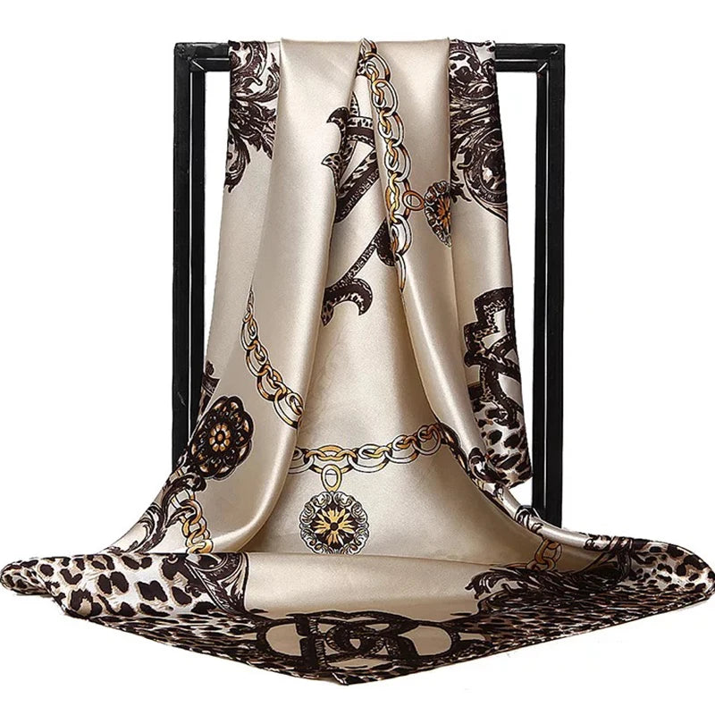 Lenço Quadrado Feminino 90x90cm – Cetim Toque de Seda, Estampado Fashion, Echarpe/Scarf/ Bandana de Luxo