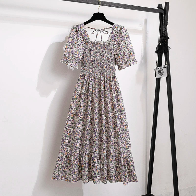 Vestido Feminino Primavera/Verão Chiffon Manga Curta Cintura Elástica A-Line Casual