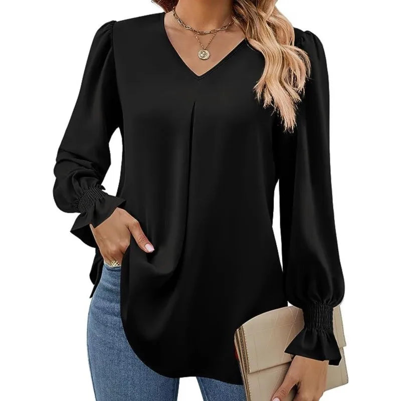 Blusa Feminina de Chiffon – Manga Longa Flare – Decote V – Office Lady Elegante