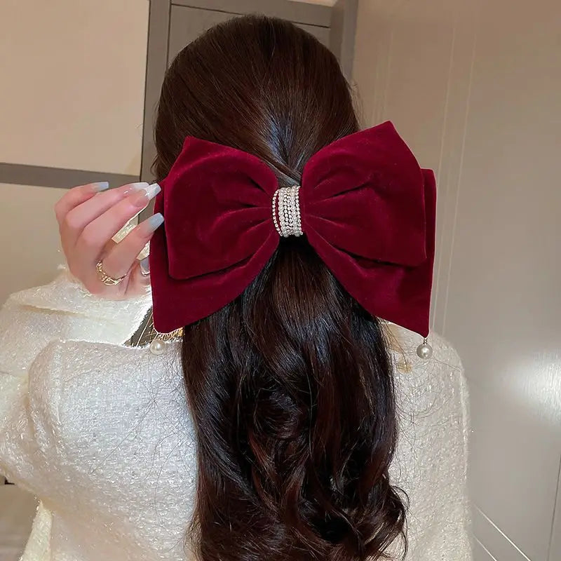 Clipes de Cabelo Femininos com Laço Grande em Veludo – Luxo com Pérolas, Acessórios para Mulheres e Meninas