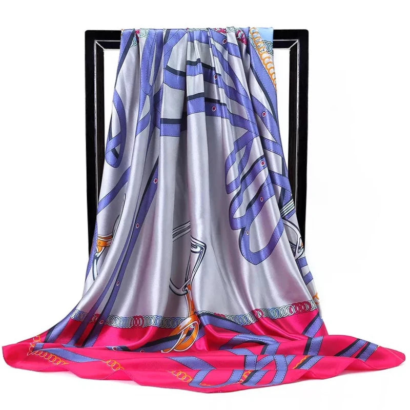 Lenço Quadrado Feminino 90x90cm – Cetim Toque de Seda, Estampado Fashion, Echarpe/Scarf/ Bandana de Luxo