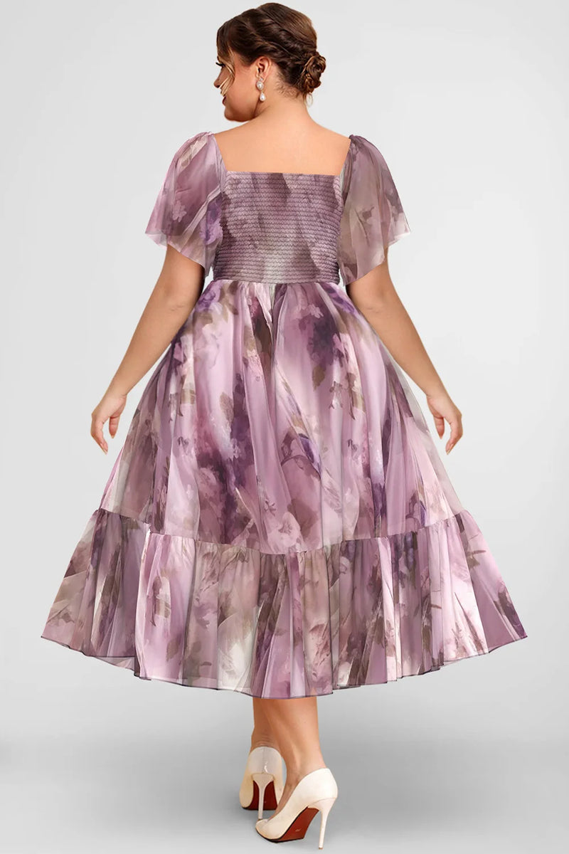 Vestido Midi Plus Size Flycurvy Roxo com Estampa Floral e Mangas Babado