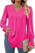 Blusa Feminina de Chiffon – Manga Longa Flare – Decote V – Office Lady Elegante