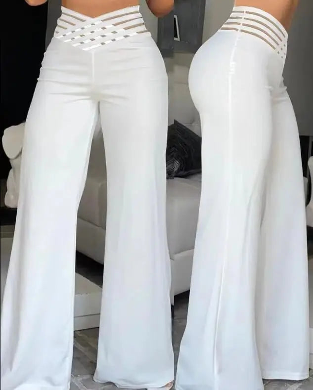 Calça Feminina Elegante Primavera/Outono – Cintura Alta, Pernas Largas, Solta e Longa, Casual e Office, Cor Sólida
