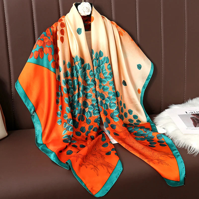Lenço Grande de Seda 110cm – Echarpe Feminina Estampada, Hijab, Bandana, Foulard e Acessório de Praia