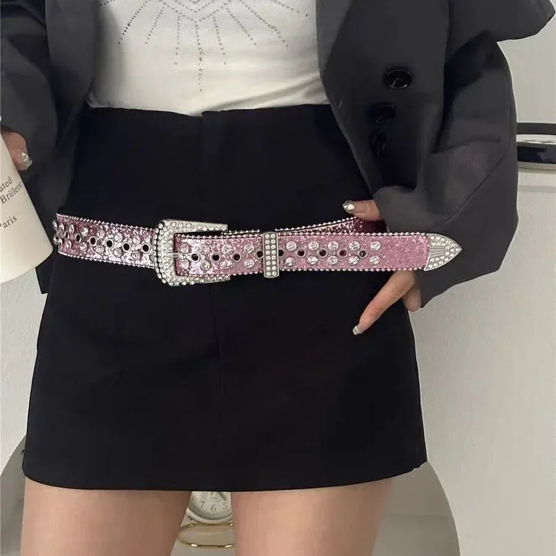 Cinto Feminino Y2K – Estilo Fashion com Strass, Couro PU e Ajustável para Festa