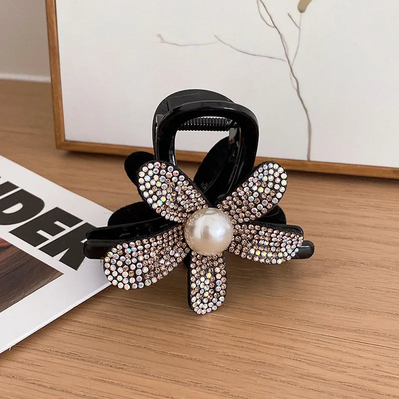 Clipes de Cabelo Koreanos com Strass – Presilha Elegante Preta para Mulheres e Pôneis