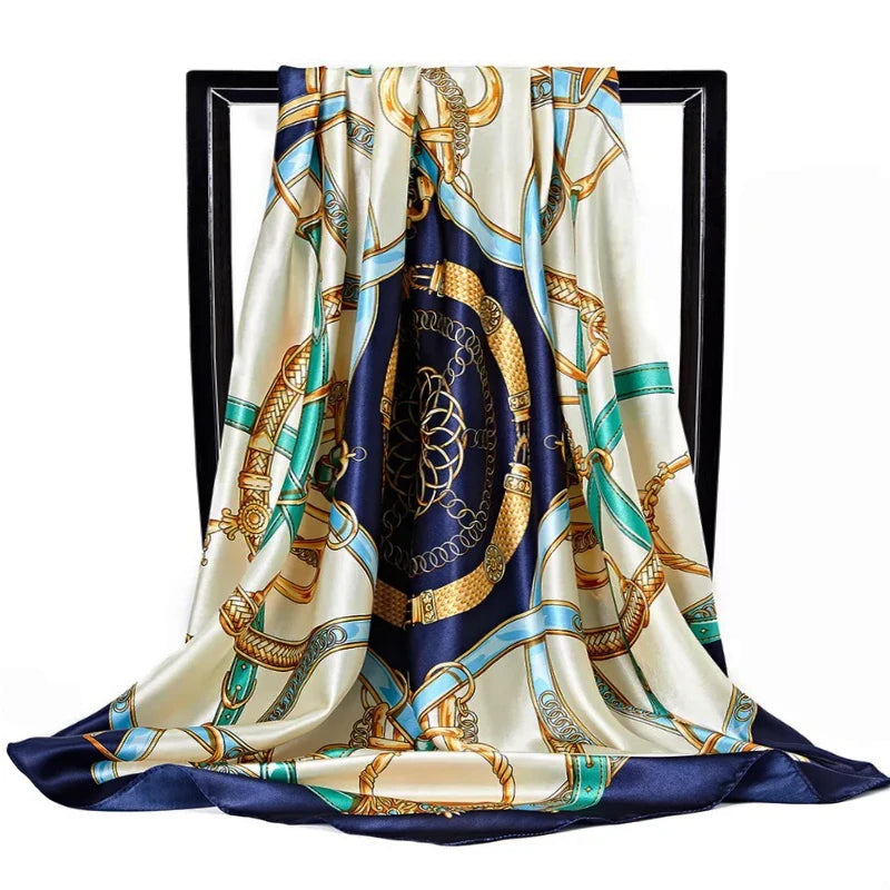 Lenço Quadrado Feminino 90x90cm – Cetim Toque de Seda, Estampado Fashion, Echarpe/Scarf/ Bandana de Luxo