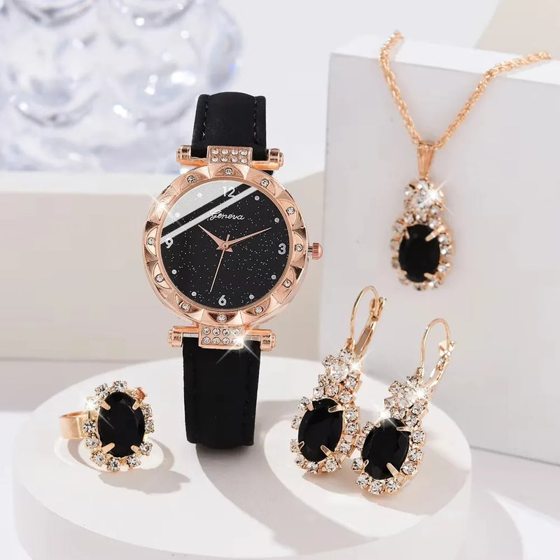 Conjunto de 5 peças femininos sofisticados, com design elegante e detalhes em strass brilhantes. Movimento quartz confiável, ideais para complementar looks do dia a dia ou ocasiões especiais