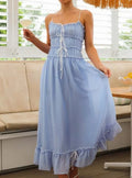 Vestido Feminino 2025 – Verão, Estampa Floral, Halter, Sem Manga, Cintura Alta com Detalhes de Amarração, Saia Plissada, Fashion, Casual, A-Line, Midi.