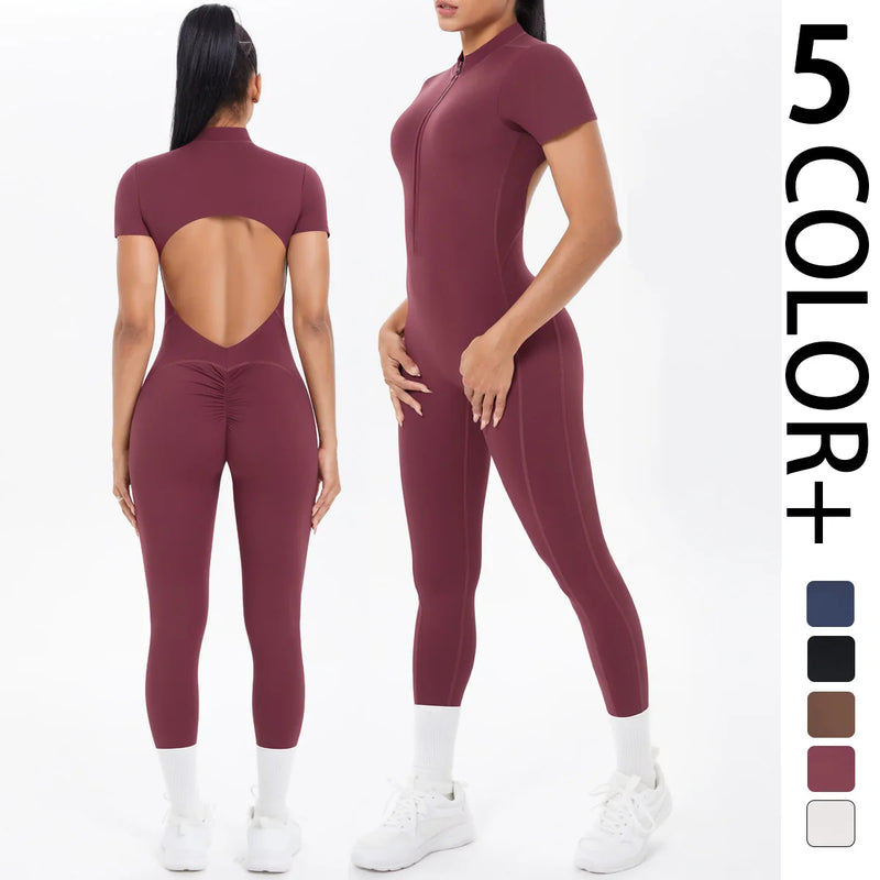 Macacão Fitness Feminino – Body de Manga Curta, Costas Abertas, Cor Lisa, Detalhe Franzido, Zíper Frontal, Conjunto de Yoga e Academia