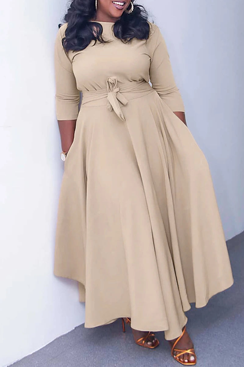 Vestido Midi Plus Size Cáqui Casual 2025 Feminino – Decote Redondo com Bolsos e Amarração.